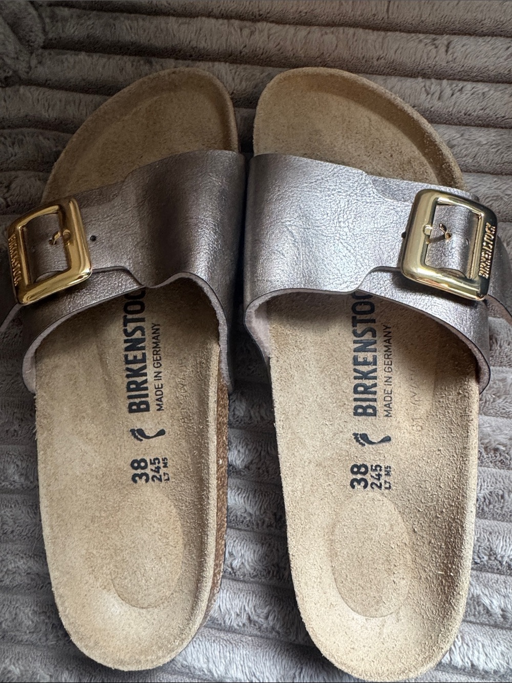 Birkenstock Metallic Madrid Slide Sandals with Gold Buckles